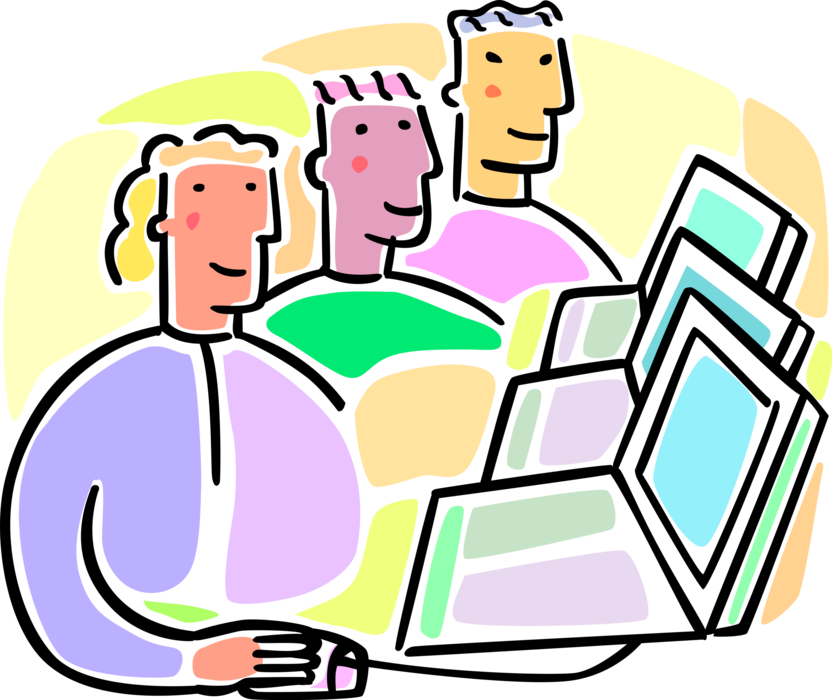 Vector Illustration of Students in School Classroom Work with Computers
