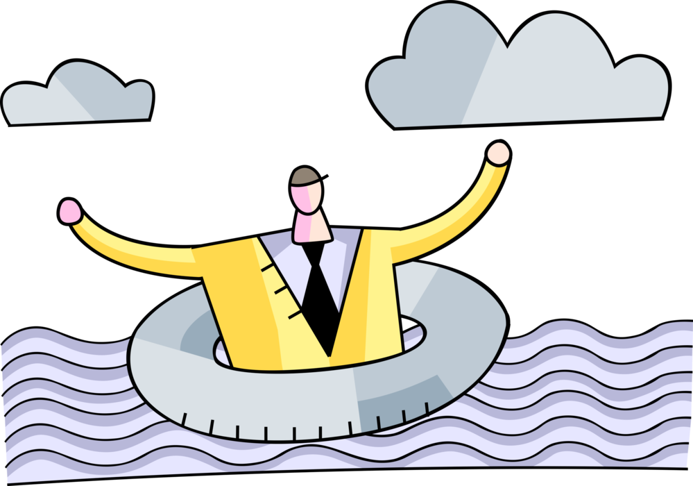 Vector Illustration of Drowning Businessman Faces Crisis Floating on Surface with Life Ring Preserver Personal Flotation Device