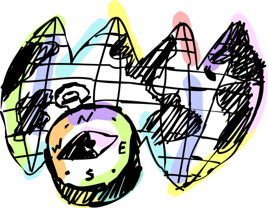 Vector Illustration of Magnetic Compass for Navigation and Finding Direction with Homolosine Cartography World Map