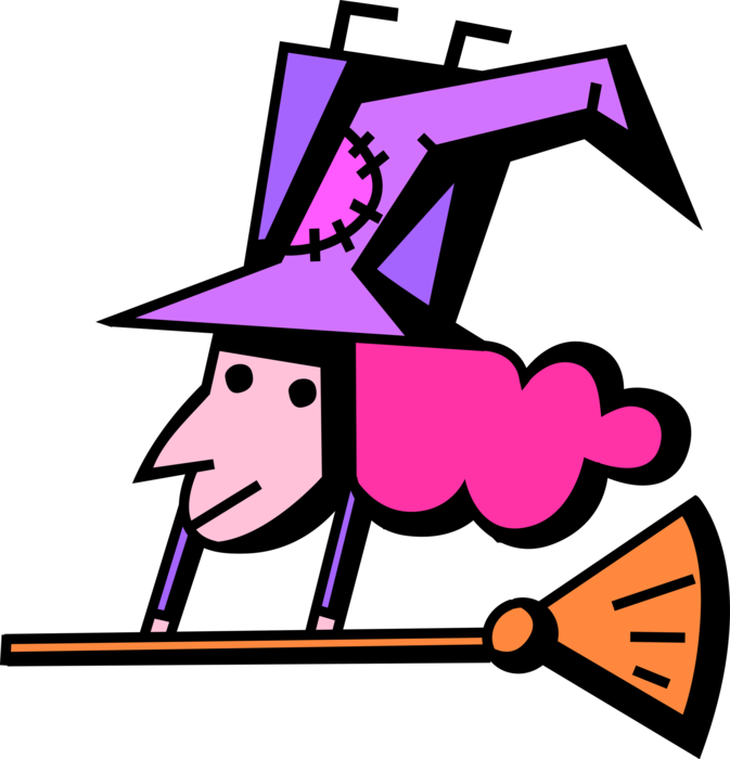 Vector Illustration of Halloween Sorceress Witch Flies with Broomstick Broom