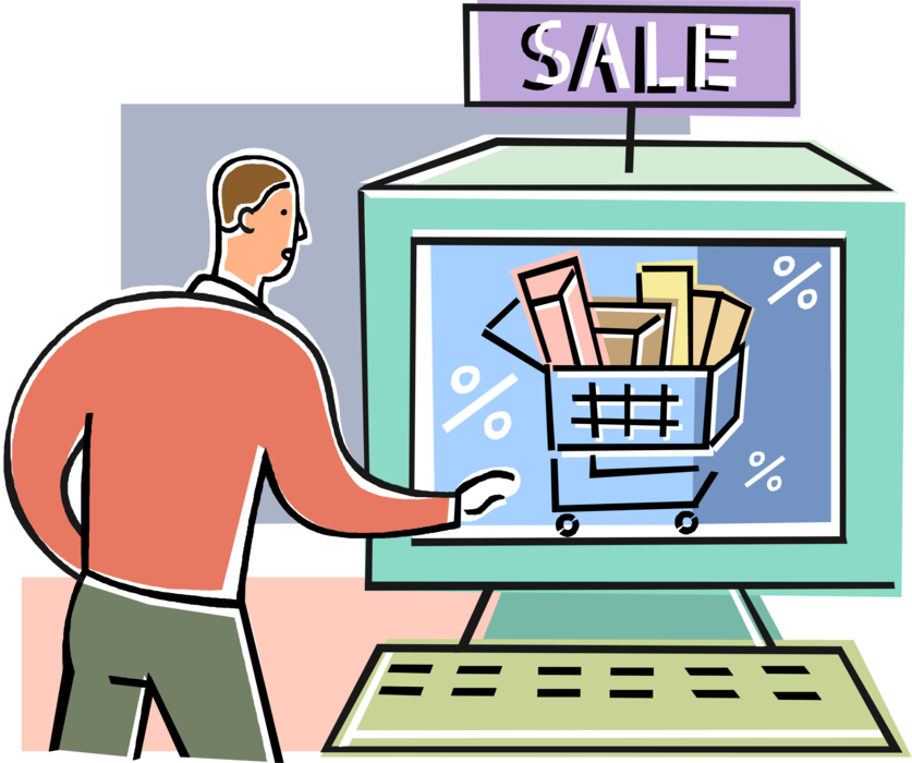 Vector Illustration of Internet Online Ecommerce Shopping Cart with Goods and Services Purchased via Computer Transactions