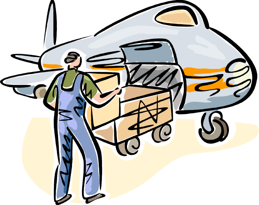 Vector Illustration of Airport Terminal Baggage Handler Employee Loads Luggage and Cargo onto Jet Aircraft Airplane