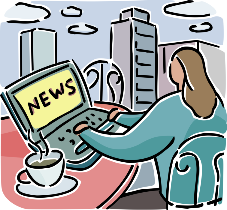 Vector Illustration of Businesswoman Browses Online Internet News on Computer with Cup of Coffee