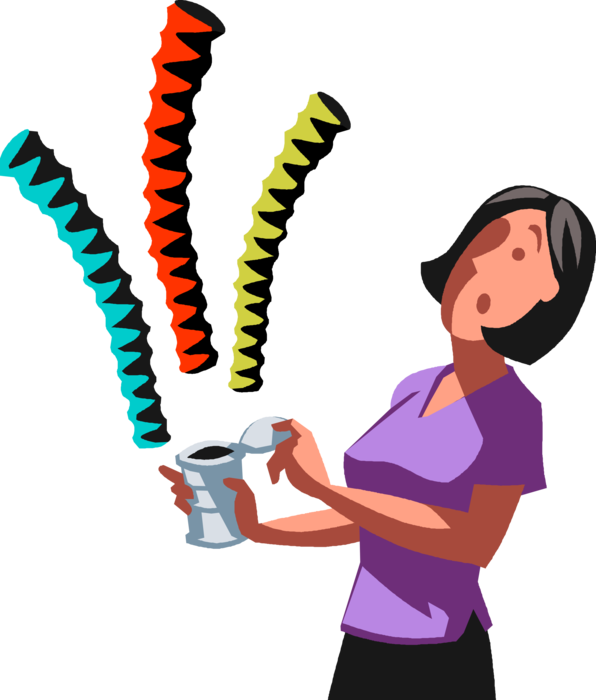 Vector Illustration of Businesswoman Surprised Opening Prankster Classic Snakes in Can Jump Out Toy