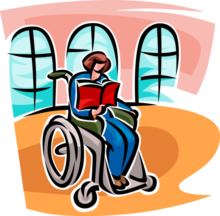 Vector Illustration of Hospital Patient in Handicapped or Disabled Wheelchair Reads Book