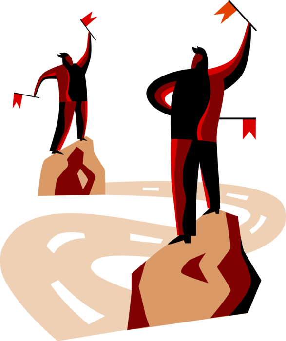Vector Illustration of Business Colleagues Communicate Corporate Strategy by Signaling with Semaphore Flags