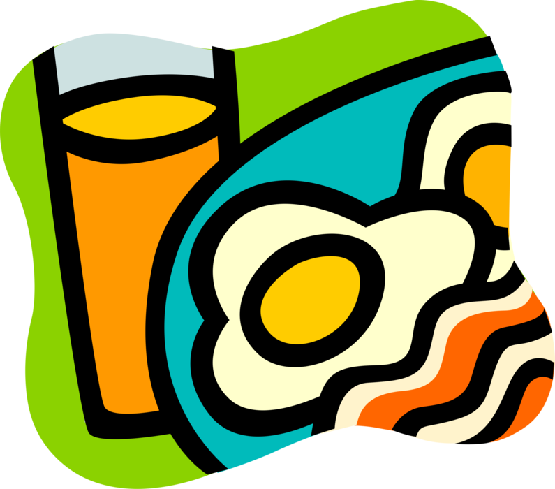 Vector Illustration of Healthy Breakfast with Fried Eggs, Bacon and Orange Juice Beverage