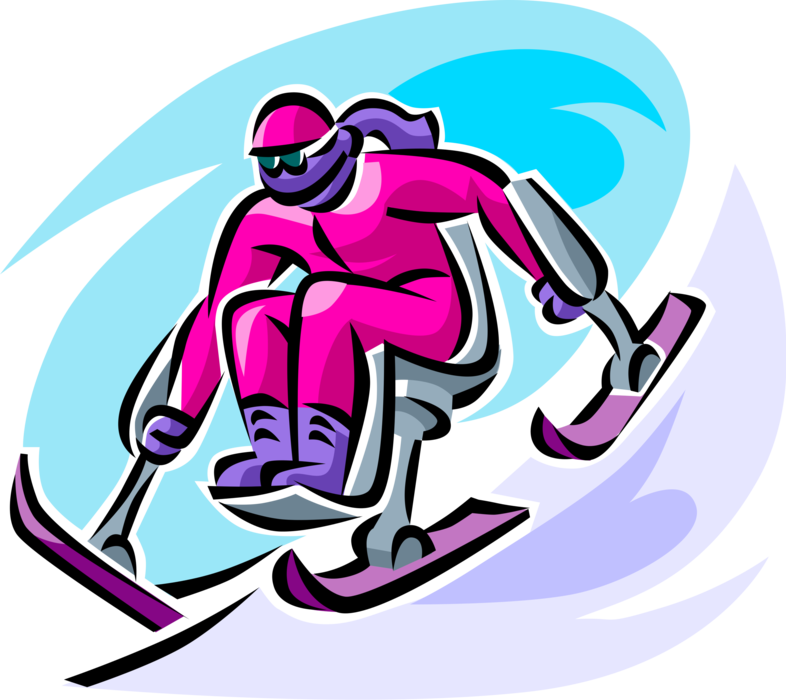 Vector Illustration of Disabled Downhill Alpine Skier Skiing Down Mountain at Ski Resort