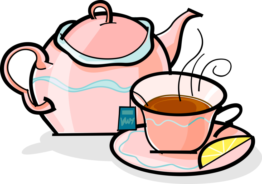 Vector Illustration of Teapot Steeping Tea and Cup of Tea with Tea Bag and Lemon Wedge