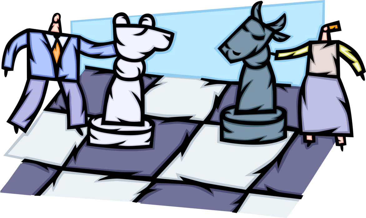 Vector Illustration of Business Competitors Play Strategy Game of Chess with Wall Street Stock Market Bull and Bear Symbols