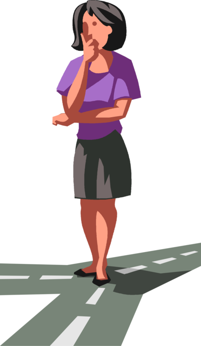 Vector Illustration of Businesswoman at Crossroads Faces Decision to Determine Right Direction to Take