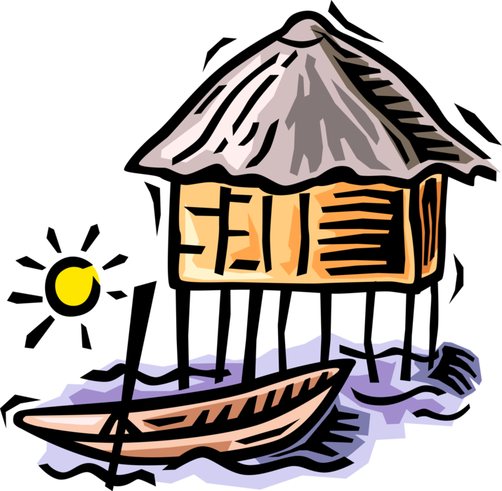 Vector Illustration of Elevated African Grass Hut Vernacular Architecture with Water and Canoe Boat