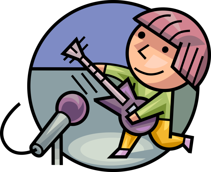 Vector Illustration of Rock Star Musician Plays Electric Guitar Musical Instrument and Sings with Microphone