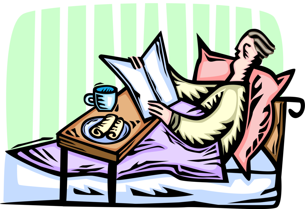 Vector Illustration of Reading the Morning Newspaper in Bed with Breakfast Tray and Coffee