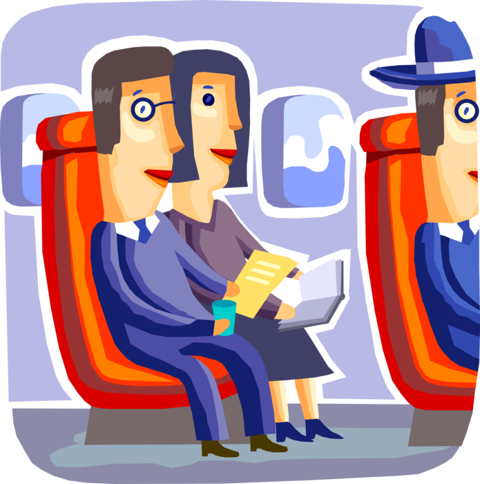 Vector Illustration of Commercial Airline Passengers Read in Flight During Air Travel in Jet Airplane