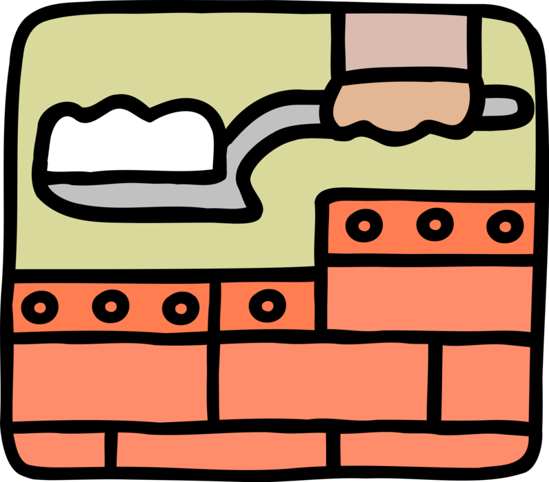 Vector Illustration of Mason Bricklayer Builds Masonry Brick Wall with Trowel and Cement