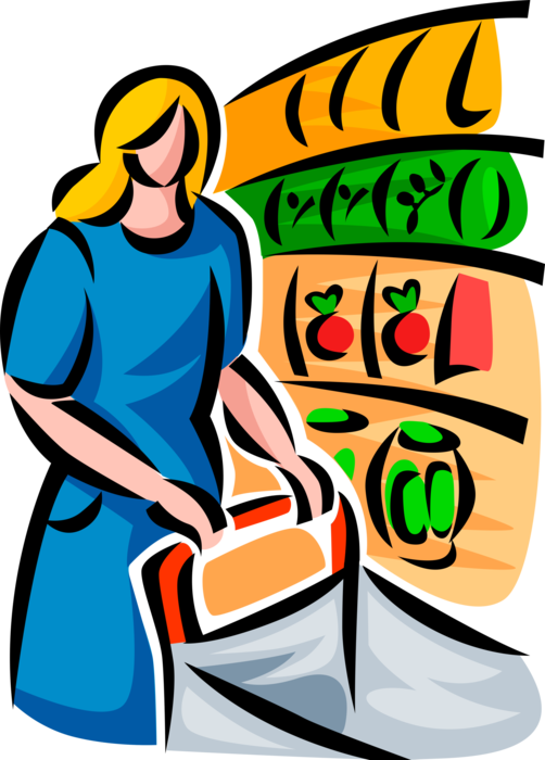 Vector Illustration of Food Shopper with Shopping Cart at Supermarket Grocery Store