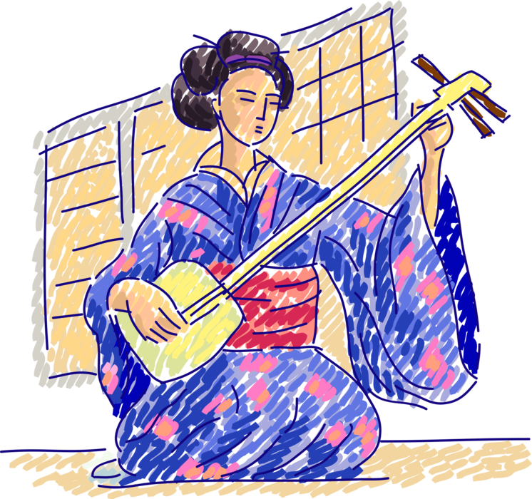 Vector Illustration of Oriental Geisha in Kimono Plays Shamisen or Samisen Japanese Musical Stringed Instrument