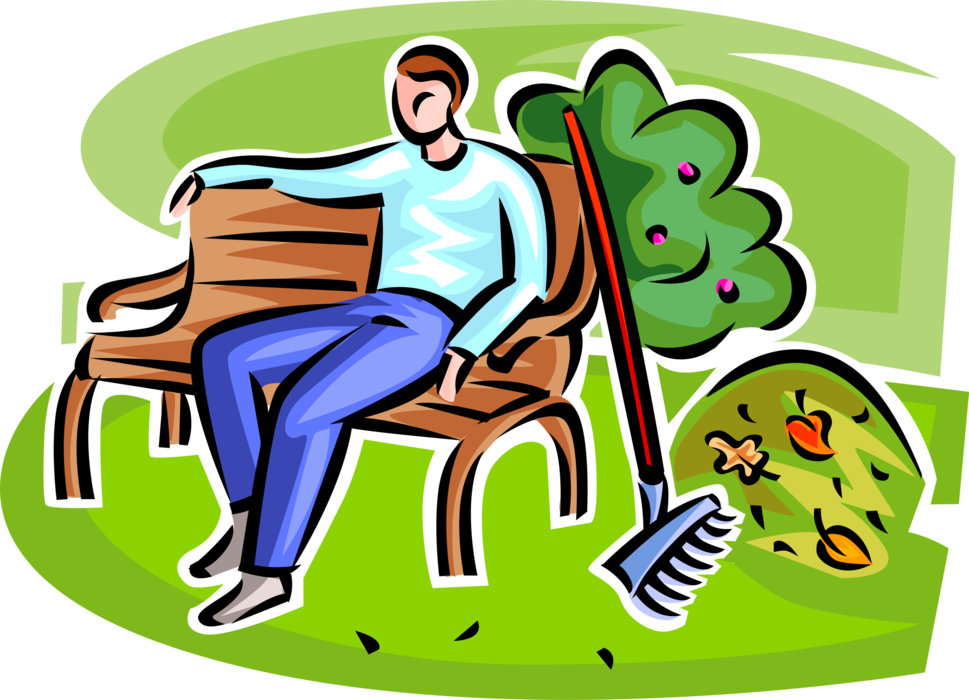 Vector Illustration of Taking Break on Park Bench While Raking Leaves and Debris from Lawn