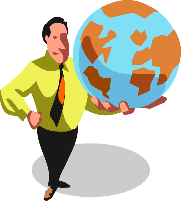 Vector Illustration of Confident Businessman Takes on the World with Planet Earth Globe