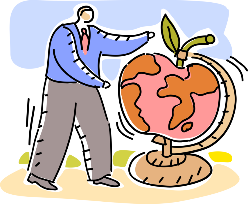 Vector Illustration of Businessman Tempted to Pursue Forbidden Fruit Apple Globe Target Markets for Corporate Global Conquest