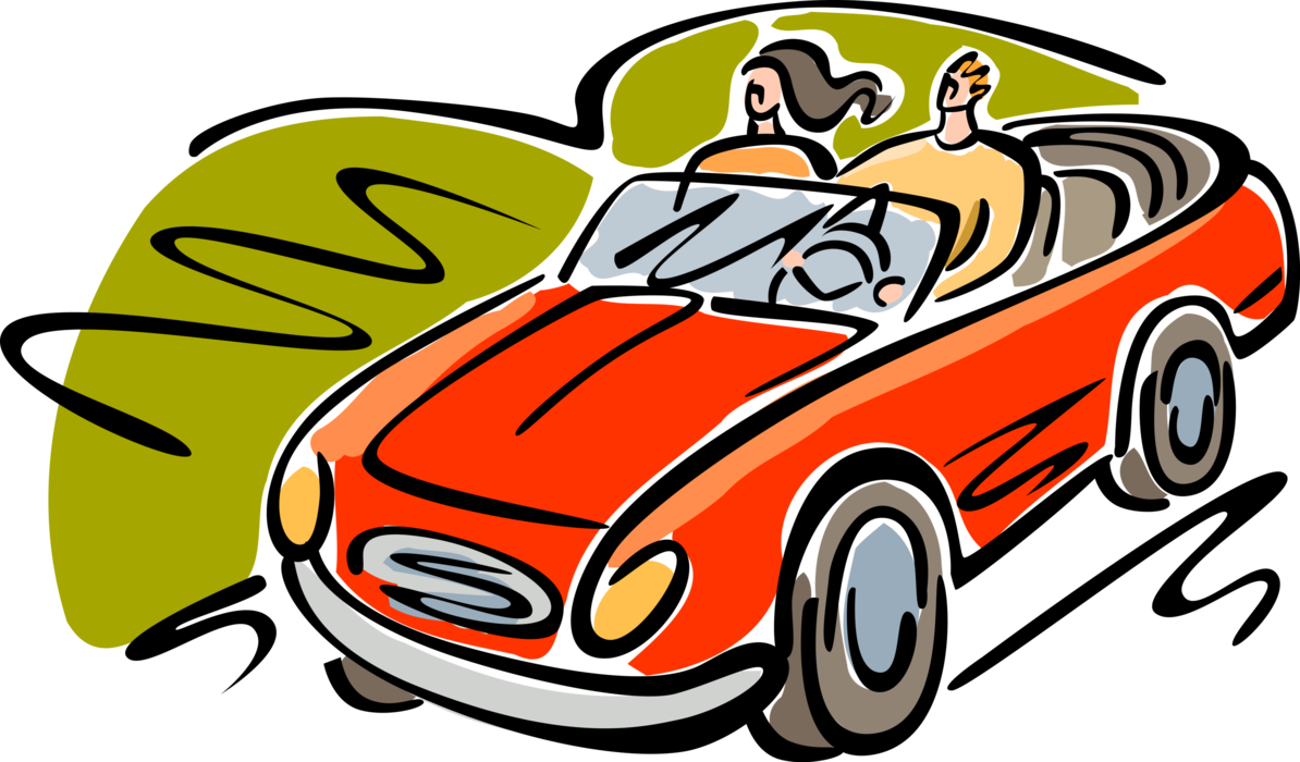 Vector Illustration of Romantic Couple Take Scenic Drive in Convertible Automobile Motor Vehicle Car
