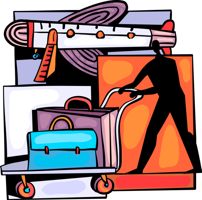 Vector Illustration of Airline Travel Passenger in Airport with Luggage Suitcases on Baggage Cart