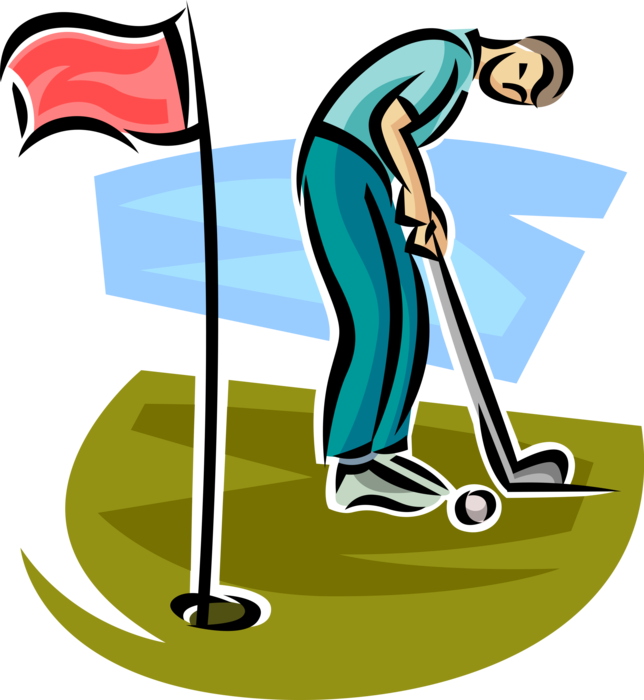 Vector Illustration of Sport of Golf Golfer Makes Golf Putt on Golfing Green