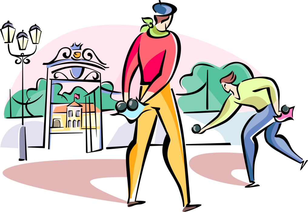 Vector Illustration of Frenchmen Playing Boules Throwing Balls Close to Target