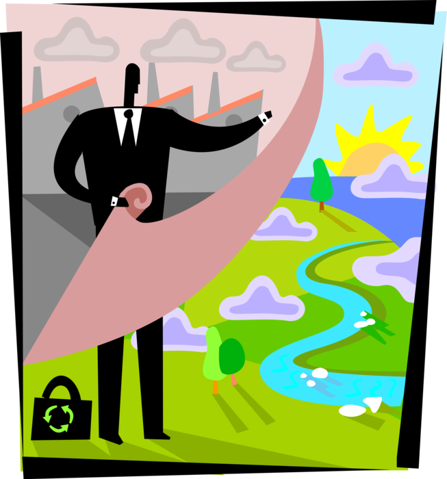 Vector Illustration of Ecologically Responsible Businessman Anticipates Pollution-Free Environment
