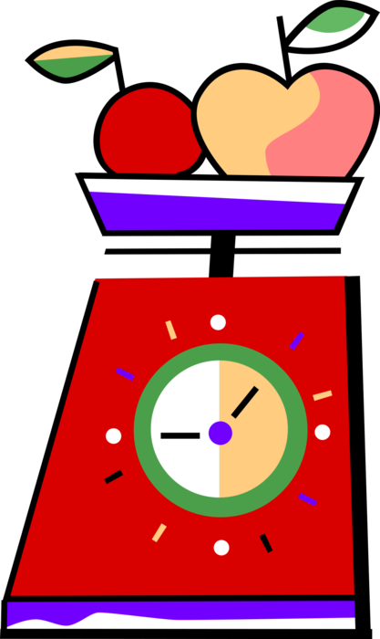 Vector Illustration of Kitchen Food Scale Weighs Apple and Plum Fruit