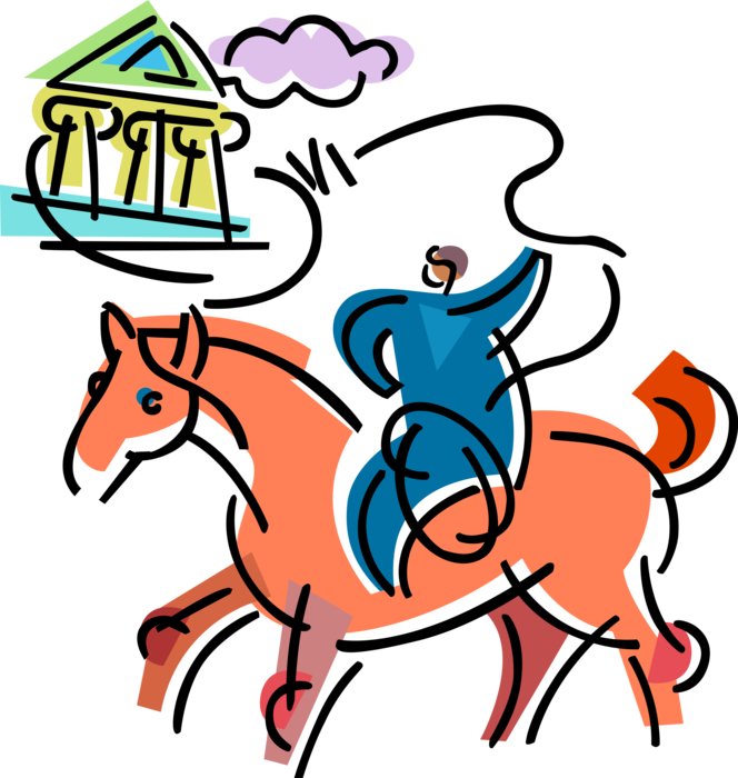 Vector Illustration of Equestrian Horse Rodeo Cowboy on Horseback Lassos Financial Institution Bank