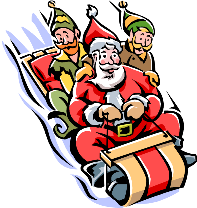 Vector Illustration of Santa Claus and Workshop Elves Have Fun Tobogganing Down Hill on Toboggan Sleigh