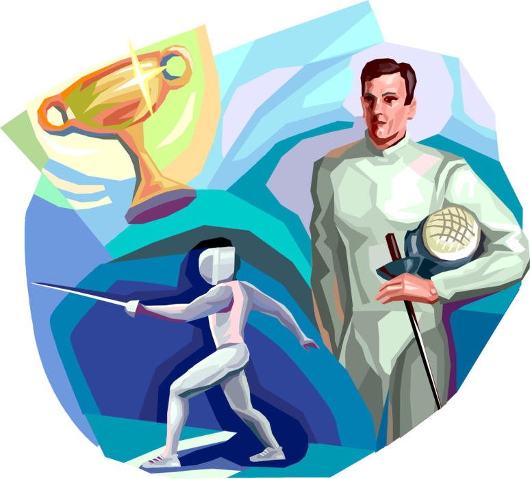 Vector Illustration of Foilsman Fencer Fencing with Sword Foil Wins Championship Trophy Award Cup
