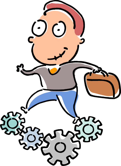 Vector Illustration of Businessman Keeps Cogwheel Gears of Industrial Manufacturing and Production Rolling