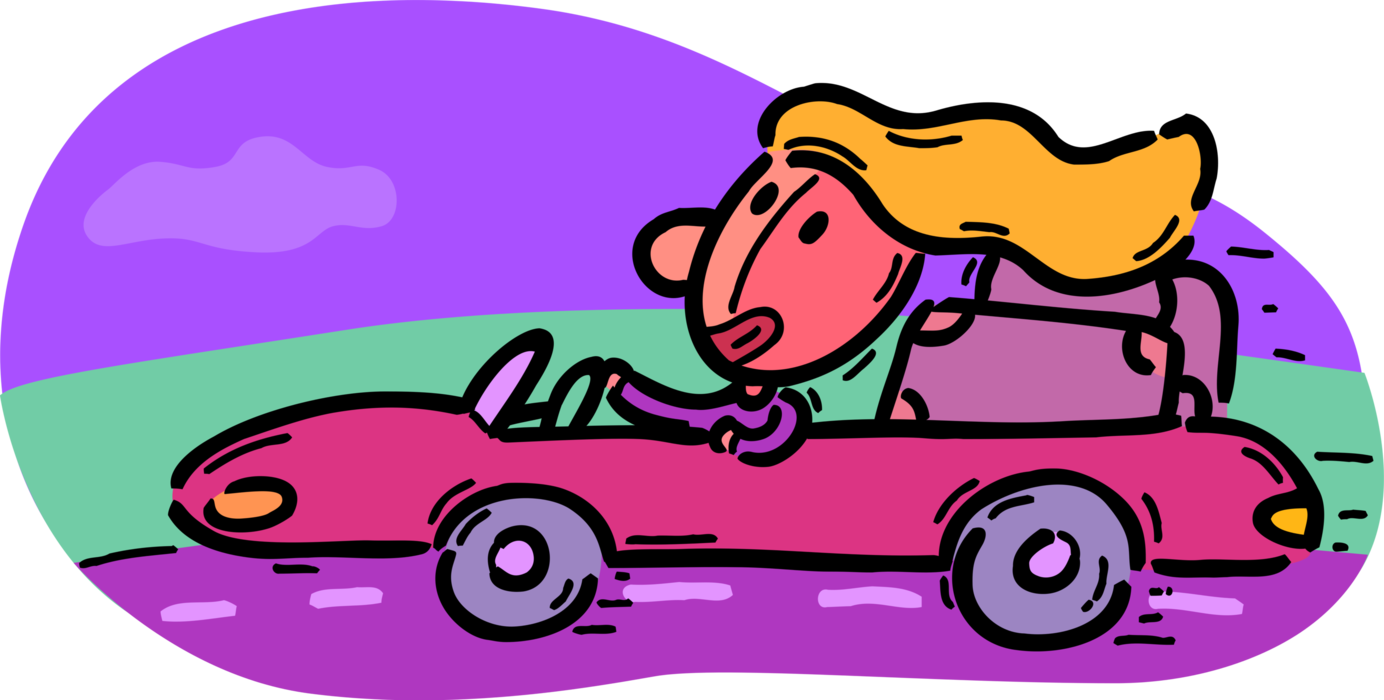 Vector Illustration of Holiday Vacation Motorist Driver Driving Convertible Car Automobile Motor Vehicle