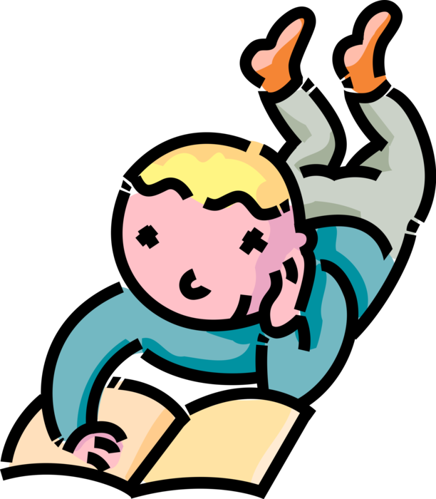 Vector Illustration of Primary or Elementary School Student Boy Enjoys Reading Storybook for Homework Book Report