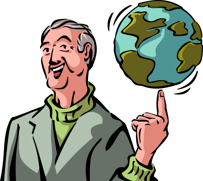 Vector Illustration of Retired Elderly Senior Citizen Loves to Travel with Planet Earth World at His Fingertips