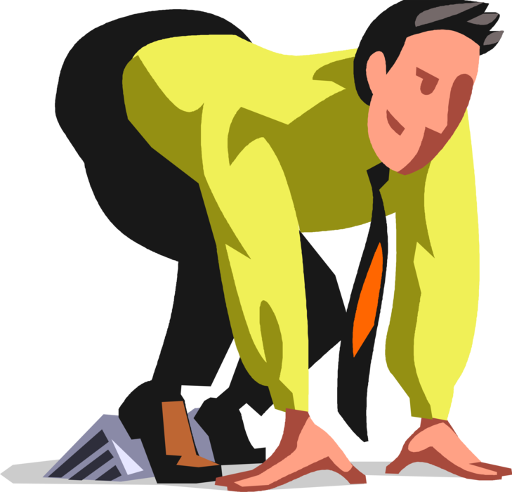 Vector Illustration of Track and Field Athletic Sport Contest Businessman Sprinter in Starting Blocks Before Running Race