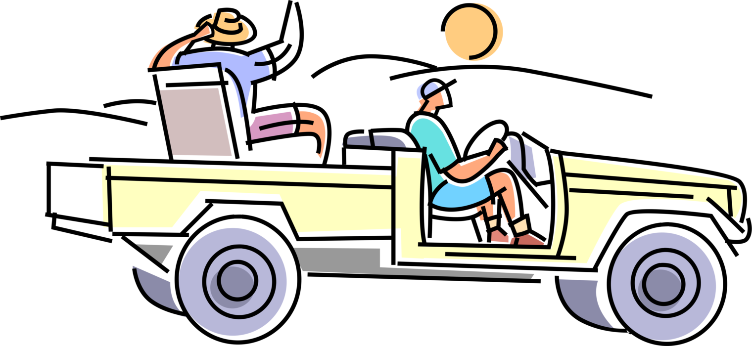 Vector Illustration of Holiday Vacation Tourist in Africa Takes African Safari in Four Wheel Drive Pickup Truck Vehicle