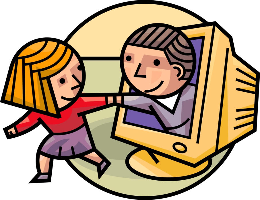 Vector Illustration of Student Guides Classmate in Internet Online Access to Information