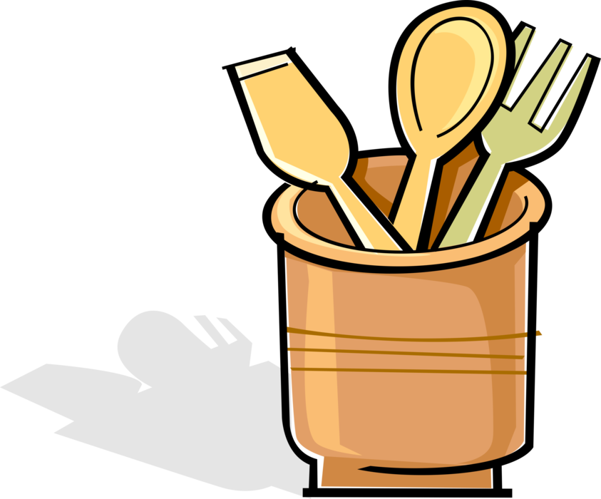 Vector Illustration of Wooden Utensil Spoon and Fork in Clay Pot Tool Holder