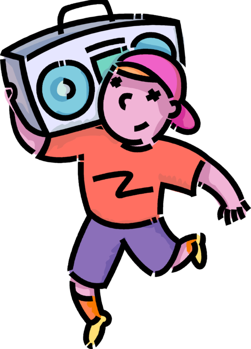 Vector Illustration of Primary or Elementary School Student Boy Plays Portable Audio Entertainment Boombox Stereo