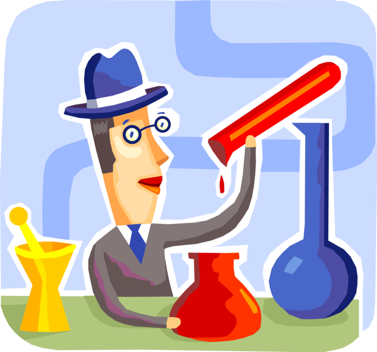 Vector Illustration of Laboratory Chemist with Science Glassware Beaker Flasks and Mortar and Pestle