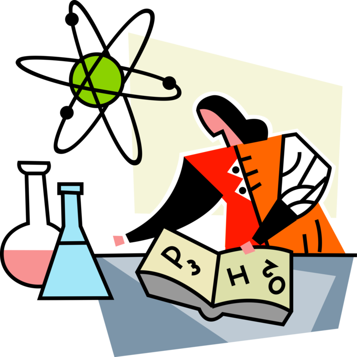 Vector Illustration of Laboratory Chemist Researches Chemical Bonds with Atom and Glassware Beakers