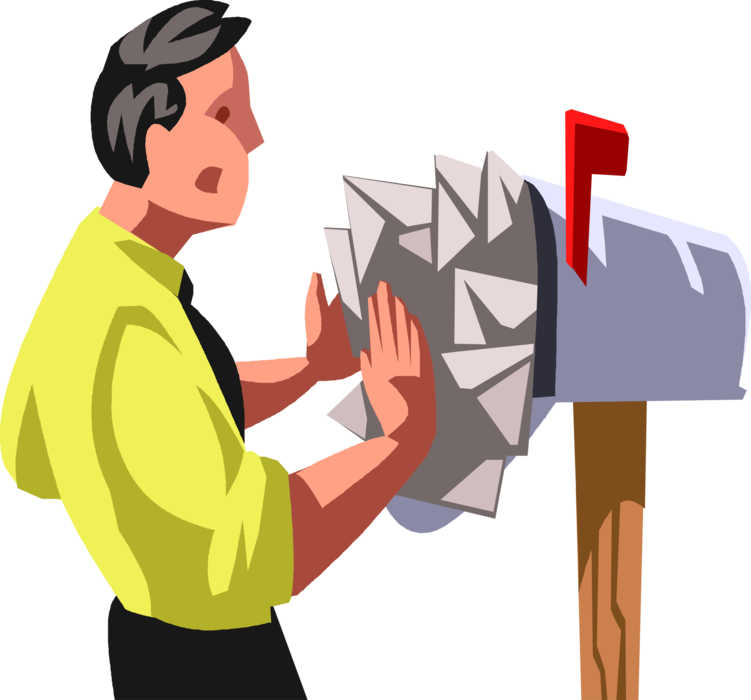 Vector Illustration of Businessman Overwhelmed with Incoming Mail Envelopes in Letter Box or Mailbox Receptacle