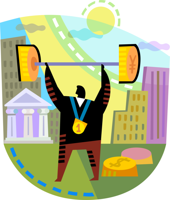 Vector Illustration of Strongman Businessman Medal Winner Weightlifter Lifts Financial Investment Barbell Weights