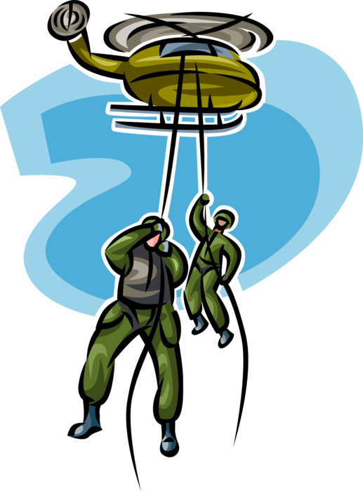 Vector Illustration of United States Navy Seals Rappel on Ropes from Helicopter in Military Special Operation