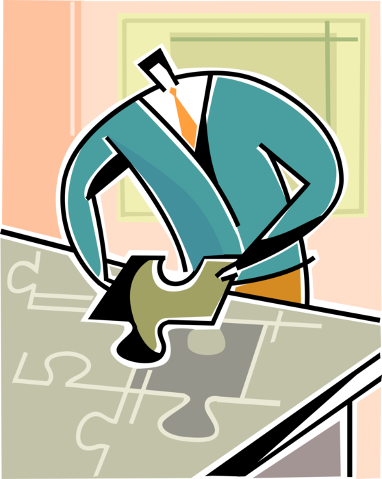 Vector Illustration of Businessman Finds Essential Missing Piece of Jigsaw Puzzle Required to Accomplish Business Enterprise Objectives