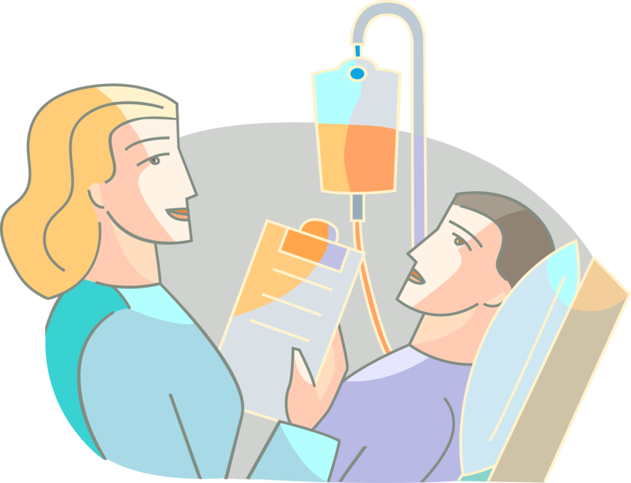 Vector Illustration of Medical Doctor Physician Discusses Hospital Patient's Chart with Clipboard Portable Writing Surface 